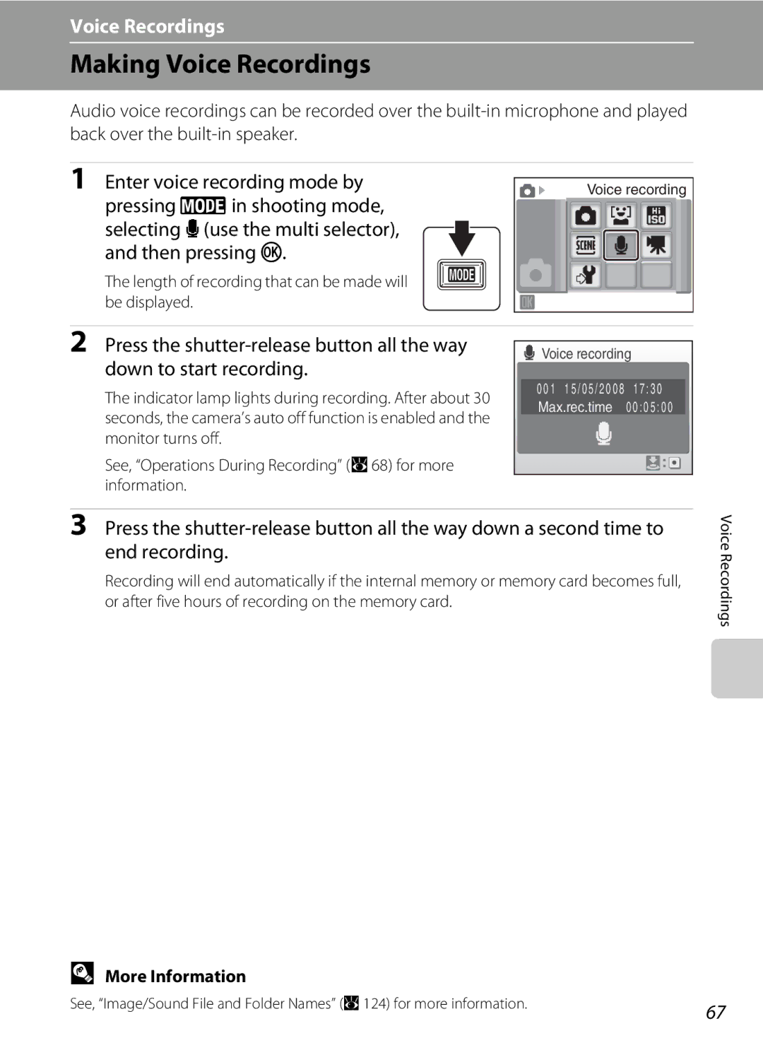 Nikon COOLPIXS550GB Making Voice Recordings, Enter voice recording mode by, Press the shutter-release button all the way 