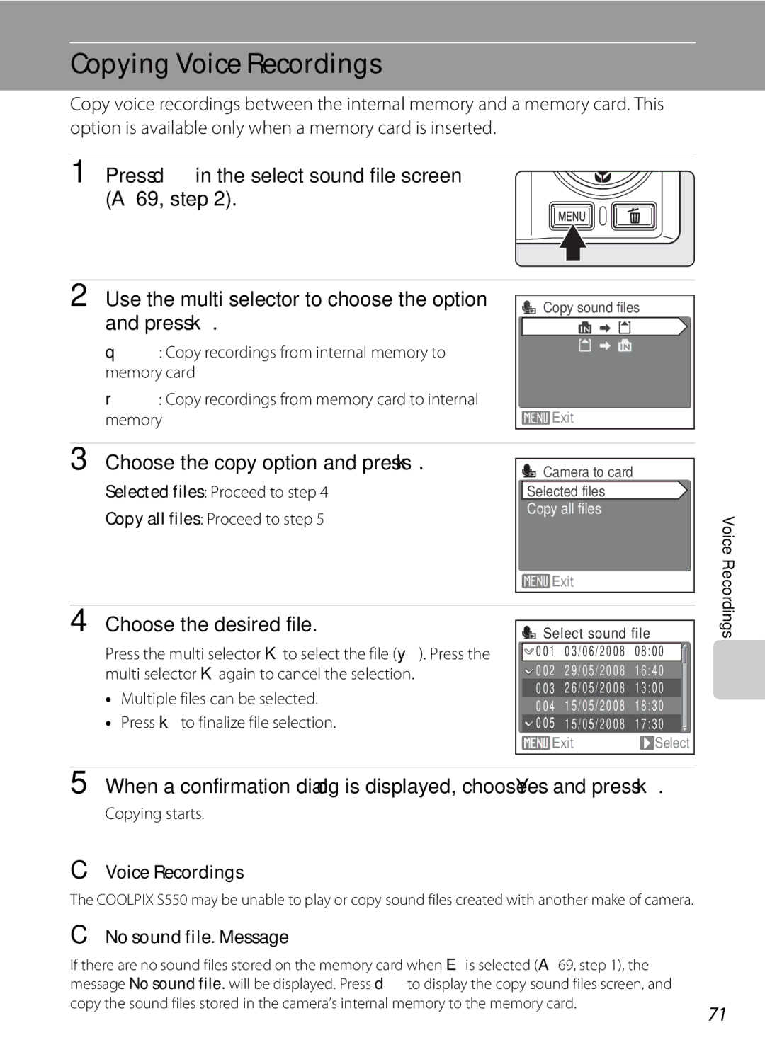 Nikon COOLPIXS550CB, COOLPIXS550P Copying Voice Recordings, Choose the copy option and press k, Choose the desired file 