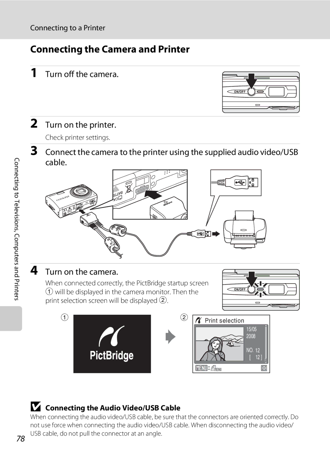 Nikon COOLPIXS550P Connecting the Camera and Printer, Turn on the printer, Connecting to a Printer, Check printer settings 