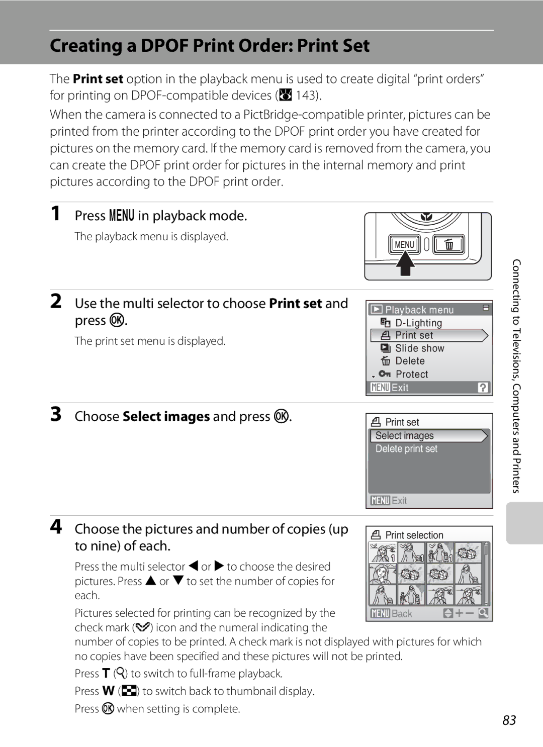 Nikon COOLPIXS550CB Creating a Dpof Print Order Print Set, Press din playback mode, Choose Select images and press k 