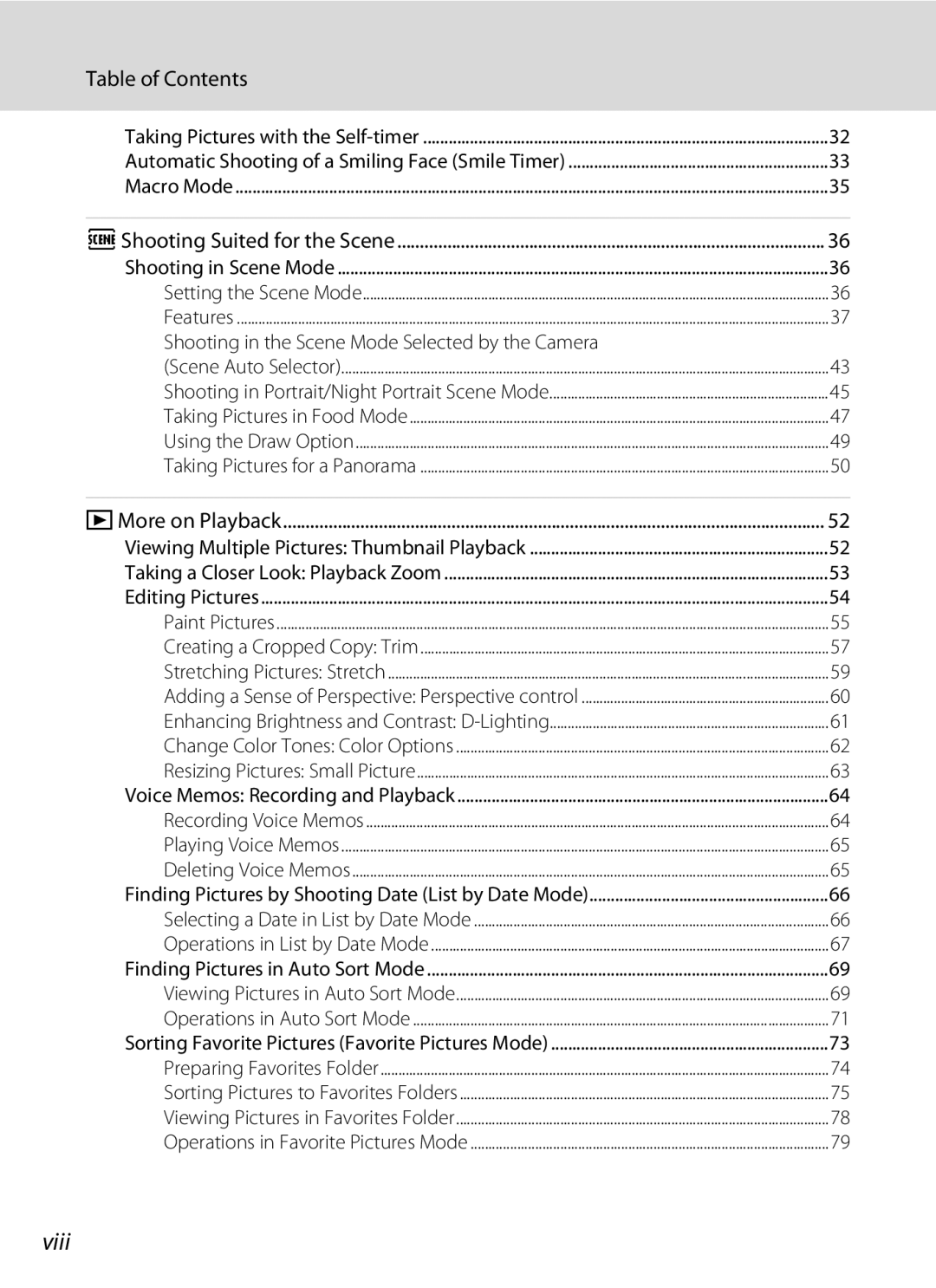 Nikon COOLPIXS60PNK, COOLPIXS60RED, COOLPIXS60BK user manual Viii, Table of Contents 