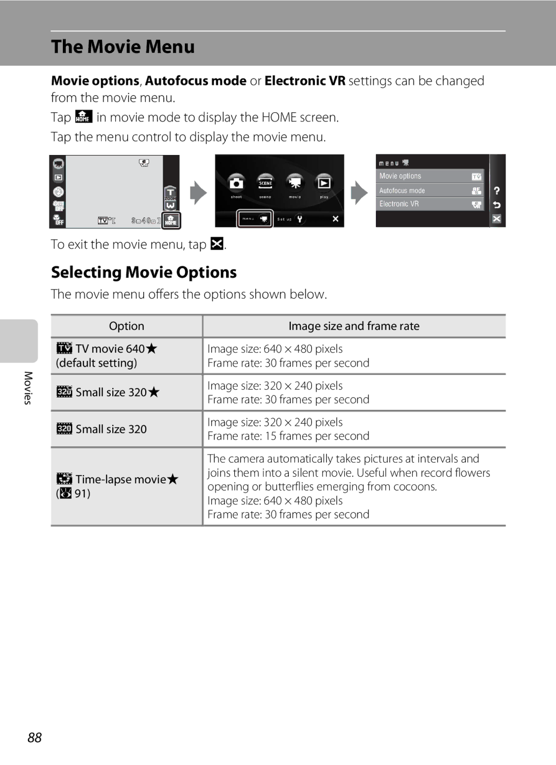 Nikon COOLPIXS60PNK, COOLPIXS60RED, COOLPIXS60BK Movie Menu, Selecting Movie Options, To exit the movie menu, tap d 