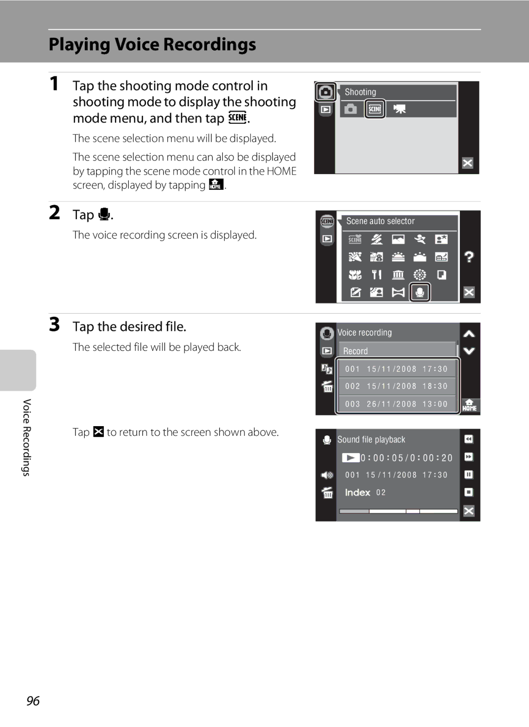 Nikon COOLPIXS60RED, COOLPIXS60PNK, COOLPIXS60BK user manual Playing Voice Recordings, Tap the desired file 