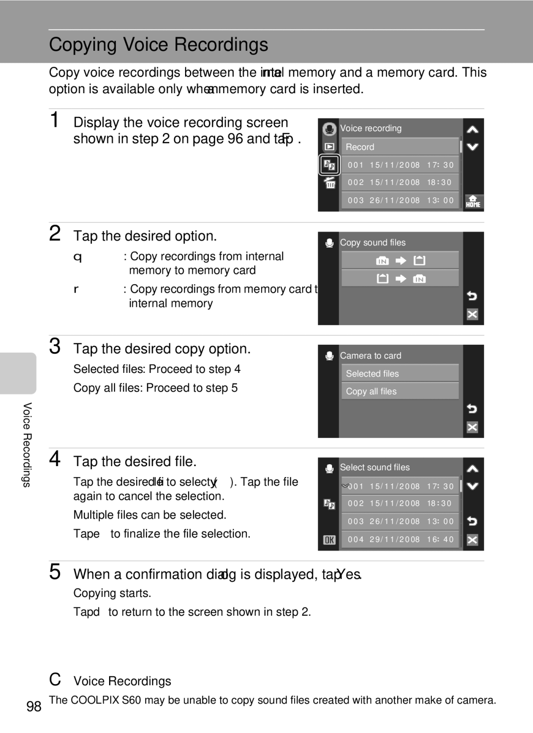 Nikon COOLPIXS60BK, COOLPIXS60RED user manual Copying Voice Recordings, Tap the desired option, Tap the desired copy option 