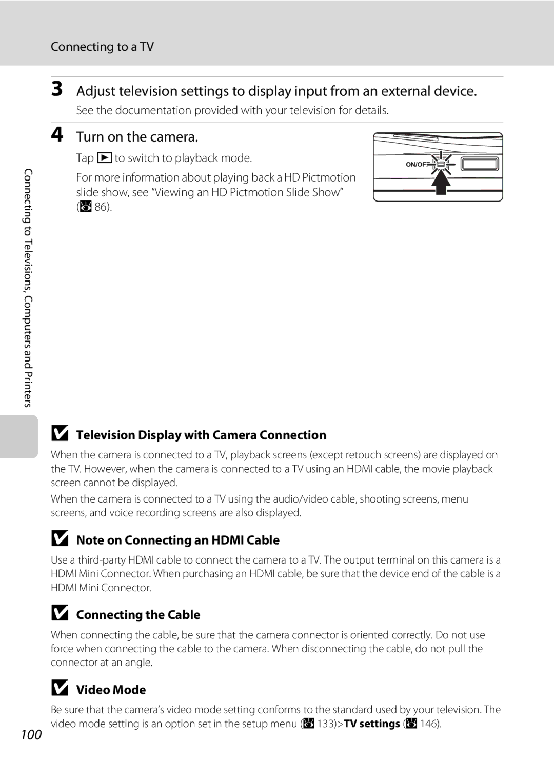 Nikon COOLPIXS60PNK Turn on the camera, Connecting to a TV, Television Display with Camera Connection, Video Mode 