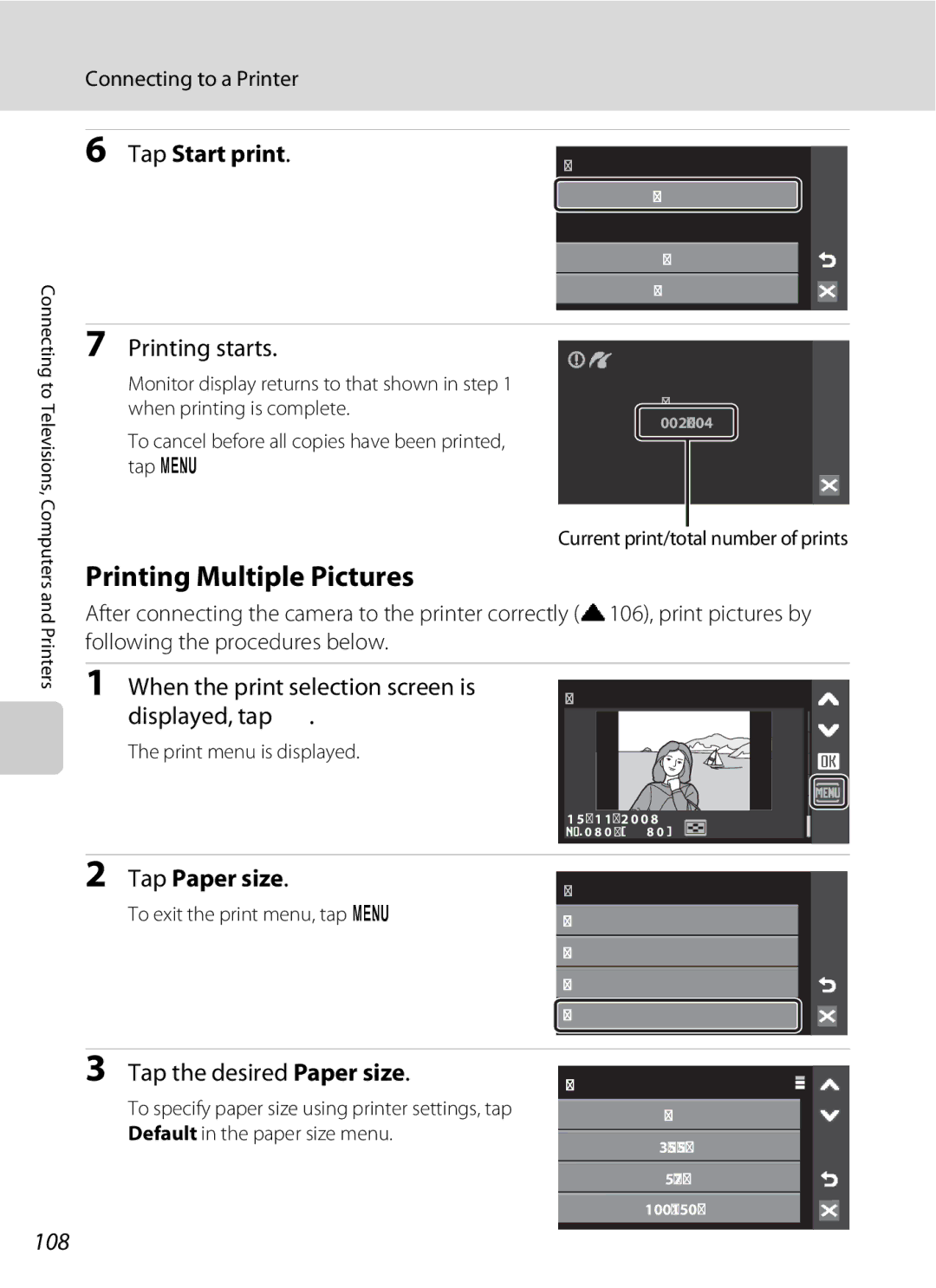 Nikon COOLPIXS60RED, COOLPIXS60PNK, COOLPIXS60BK user manual Printing Multiple Pictures, Tap Start print, Tap Paper size, 108 