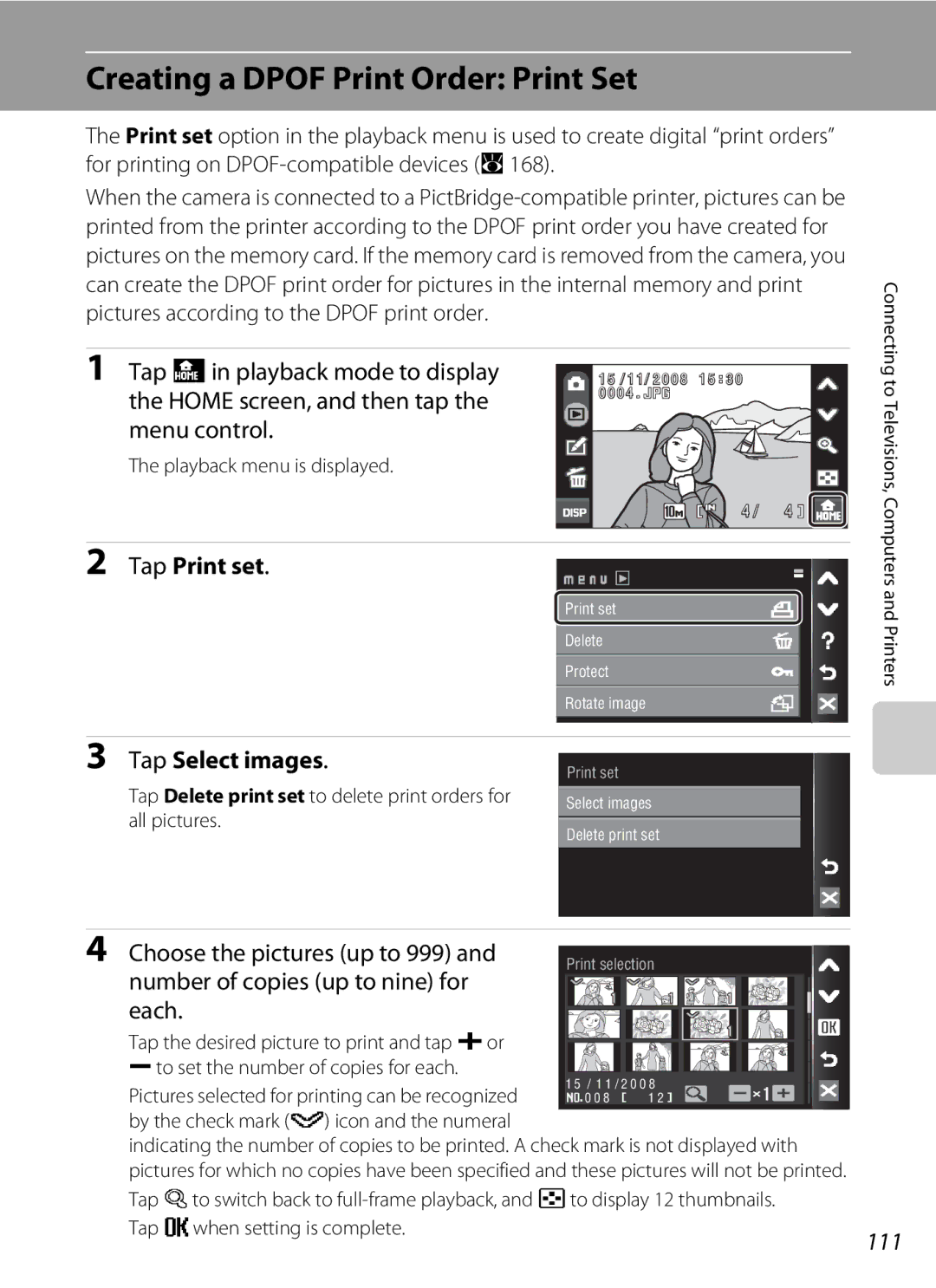 Nikon COOLPIXS60RED, COOLPIXS60PNK user manual Creating a Dpof Print Order Print Set, Tap Print set, Tap Select images, 111 