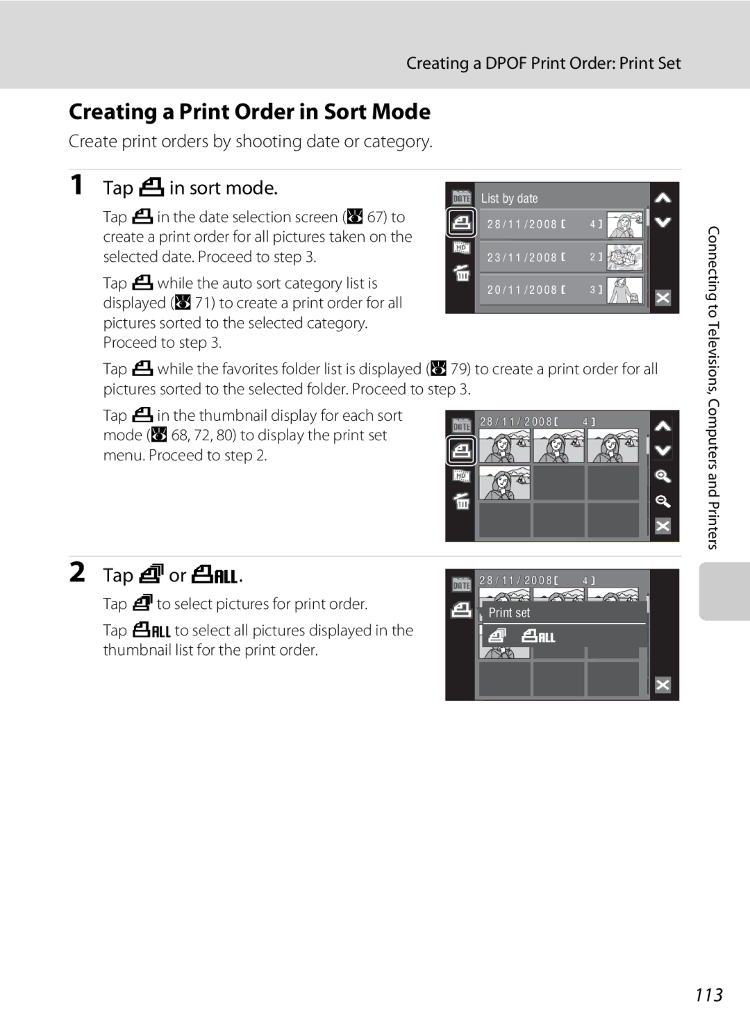 Nikon COOLPIXS60BK, COOLPIXS60RED, COOLPIXS60PNK Creating a Print Order in Sort Mode, Tap xin sort mode, Tap Qor P, 113 