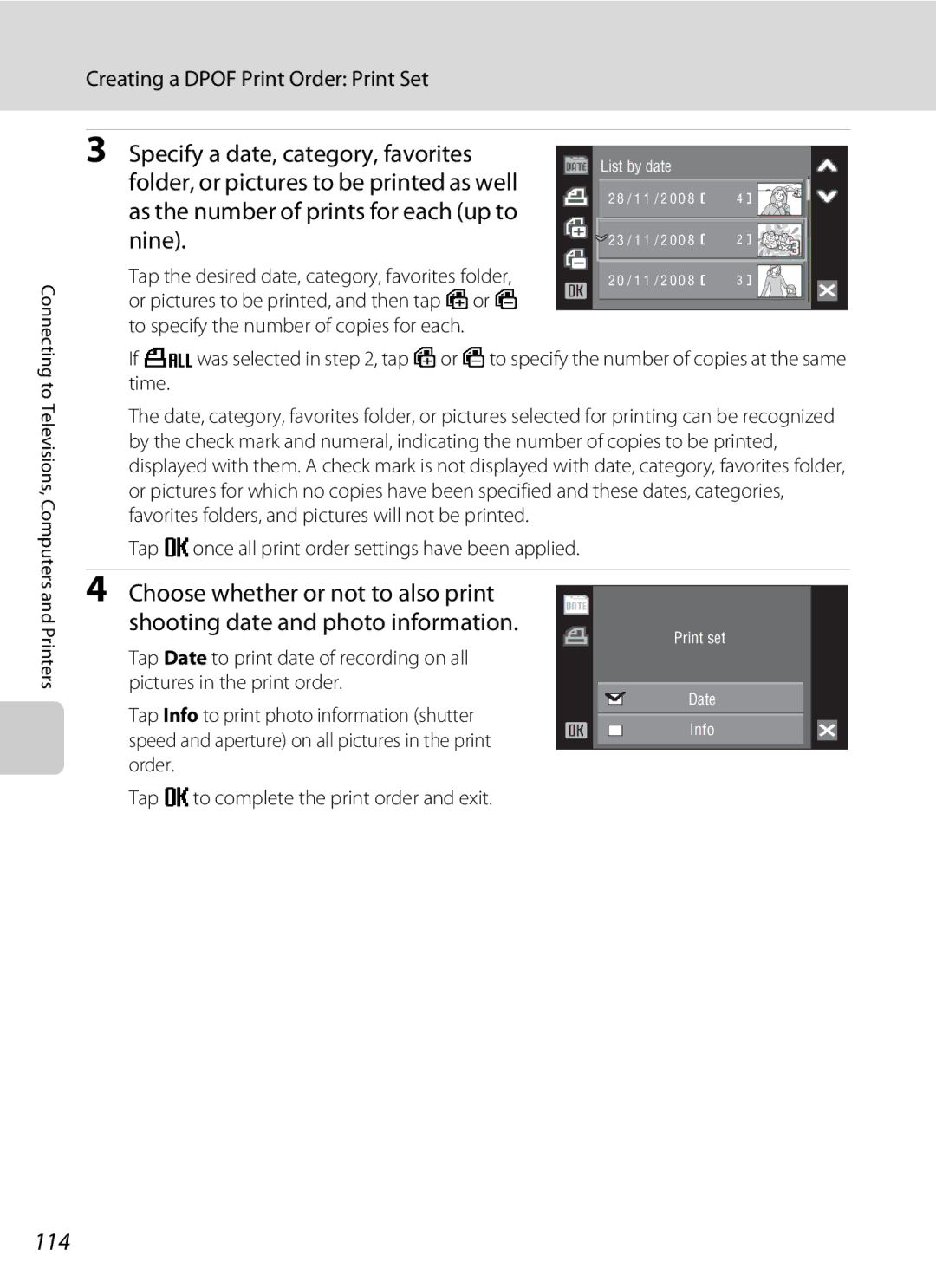 Nikon COOLPIXS60RED, COOLPIXS60PNK, COOLPIXS60BK user manual 114, Tap eonce all print order settings have been applied 