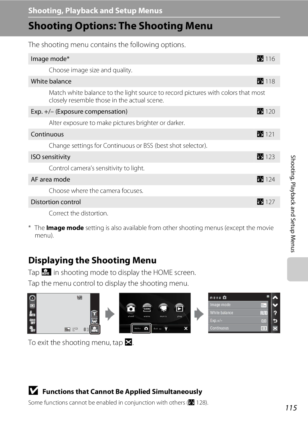 Nikon COOLPIXS60PNK, COOLPIXS60RED, COOLPIXS60BK Shooting Options The Shooting Menu, Displaying the Shooting Menu, 115 