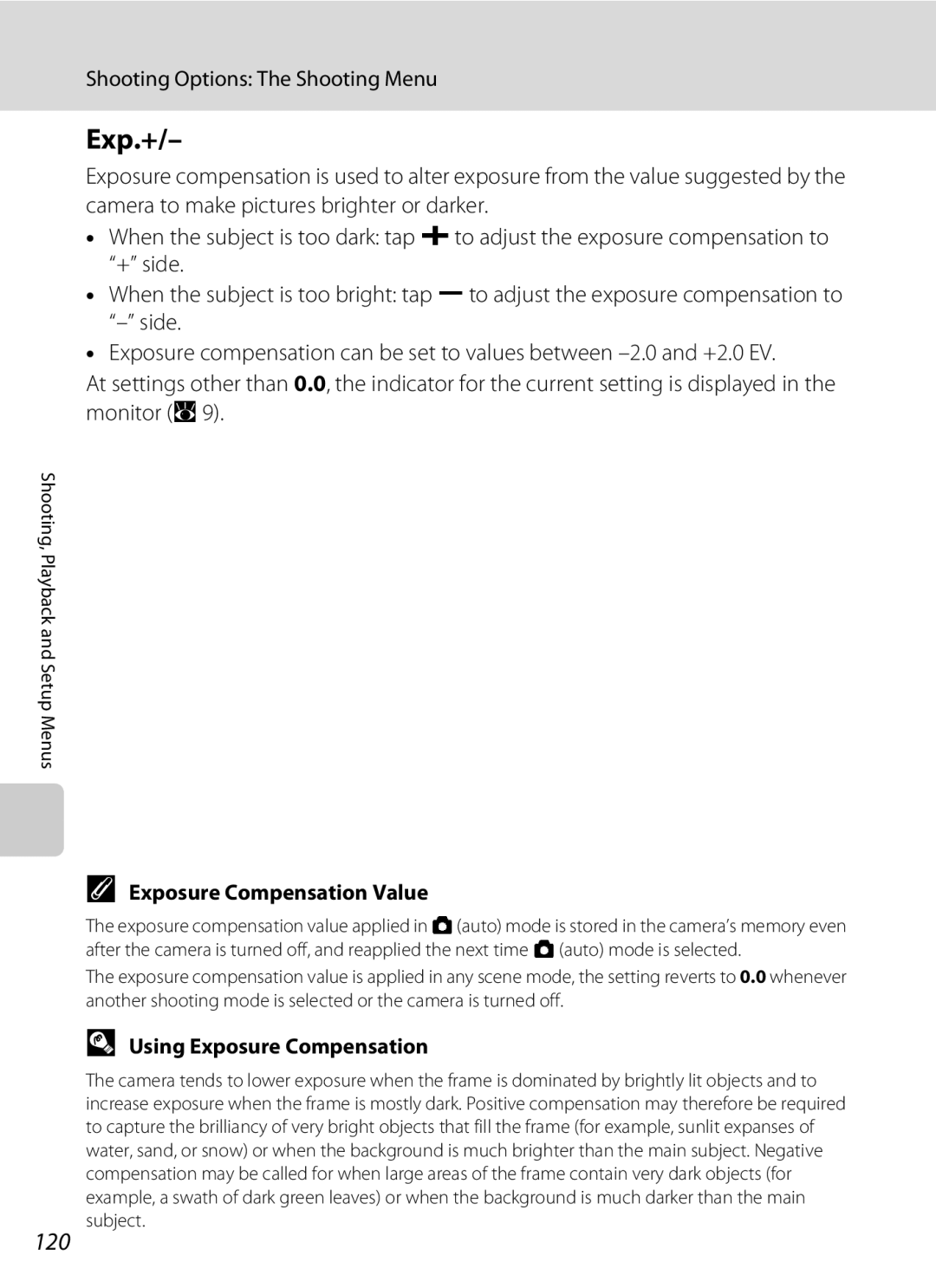 Nikon COOLPIXS60RED, COOLPIXS60PNK, COOLPIXS60BK Exp.+, 120, Exposure Compensation Value, Using Exposure Compensation 