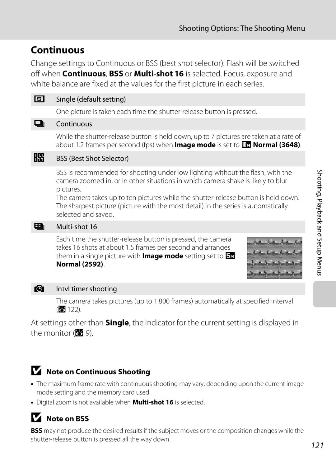 Nikon COOLPIXS60PNK, COOLPIXS60RED, COOLPIXS60BK user manual Continuous, 121, Normal 