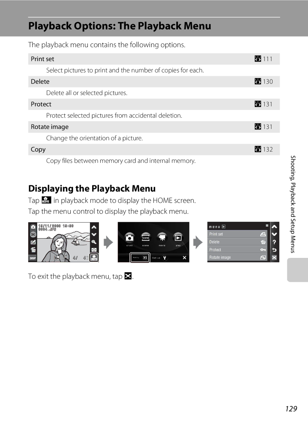 Nikon COOLPIXS60RED, COOLPIXS60PNK, COOLPIXS60BK Playback Options The Playback Menu, Displaying the Playback Menu, 129 