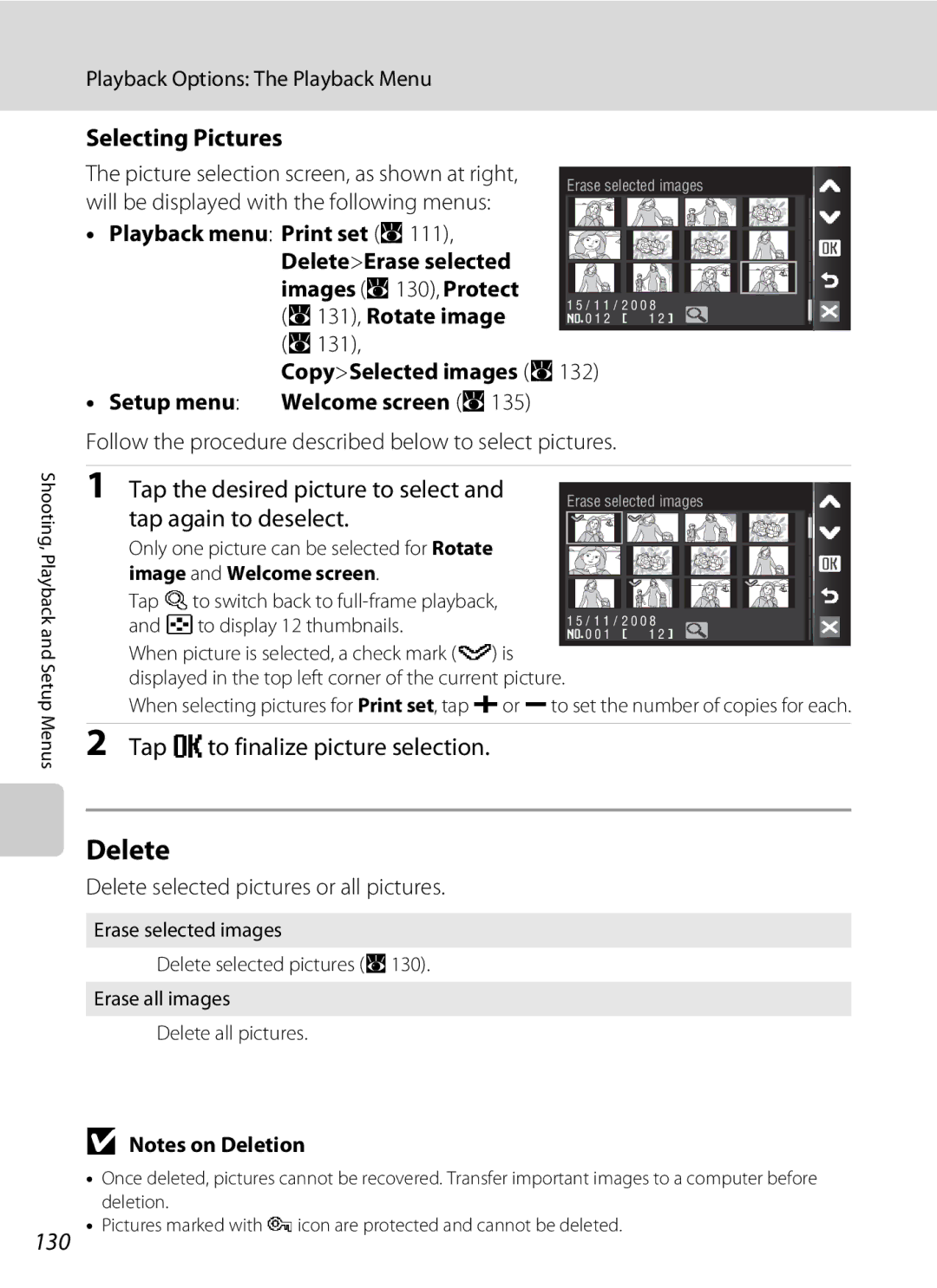 Nikon COOLPIXS60PNK, COOLPIXS60RED, COOLPIXS60BK user manual Delete, Selecting Pictures, 130 