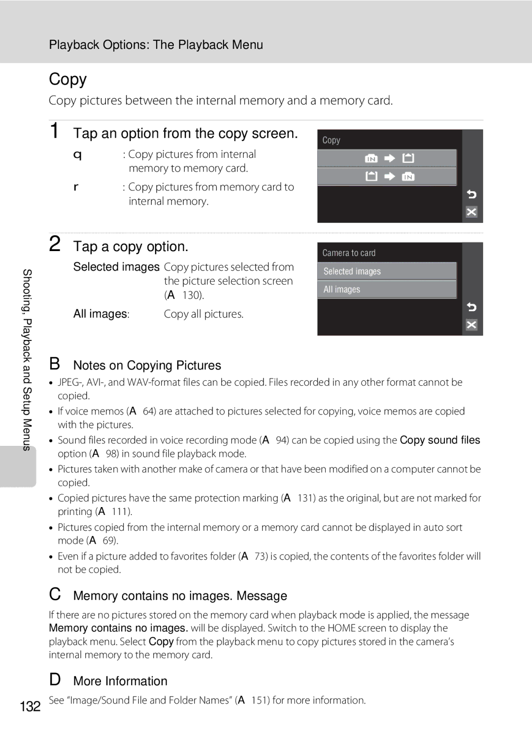 Nikon COOLPIXS60RED Copy, Tap an option from the copy screen, Tap a copy option, Memory contains no images. Message 