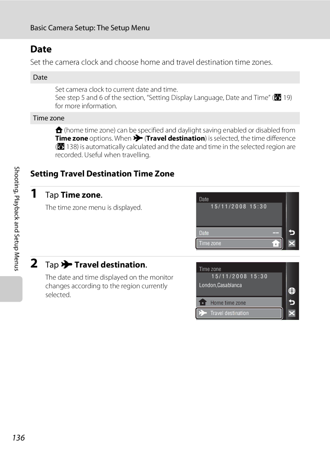 Nikon COOLPIXS60PNK, COOLPIXS60RED, COOLPIXS60BK Date, Setting Travel Destination Time Zone, Tap xTravel destination, 136 