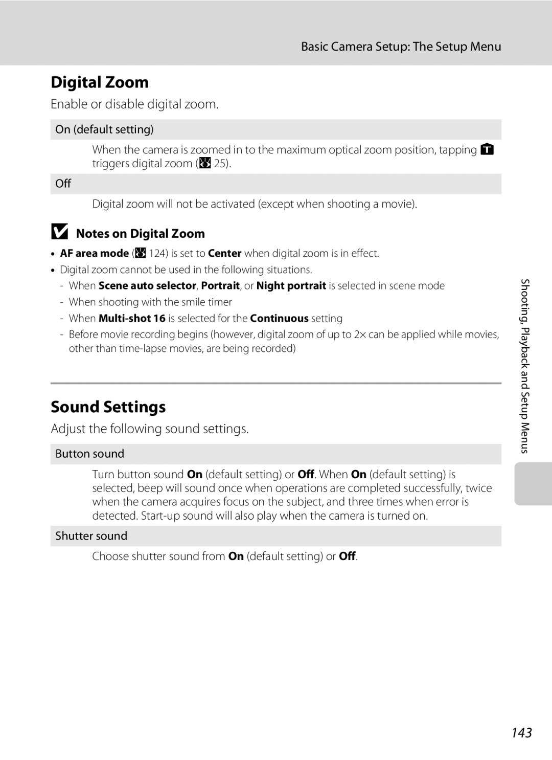 Nikon COOLPIXS60BK Digital Zoom, Sound Settings, 143, Enable or disable digital zoom, Adjust the following sound settings 