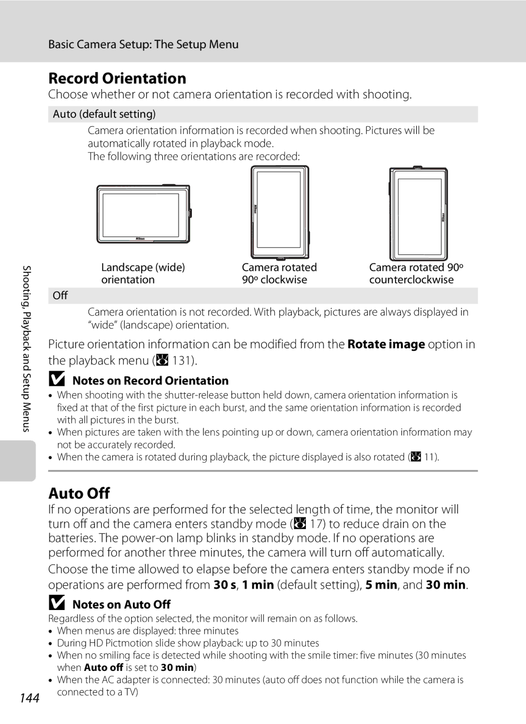 Nikon COOLPIXS60RED, COOLPIXS60PNK, COOLPIXS60BK user manual Record Orientation, Auto Off 