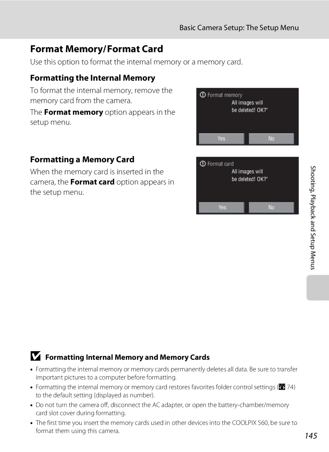 Nikon COOLPIXS60PNK, COOLPIXS60BK Format Memory/Format Card, Formatting the Internal Memory, Formatting a Memory Card, 145 