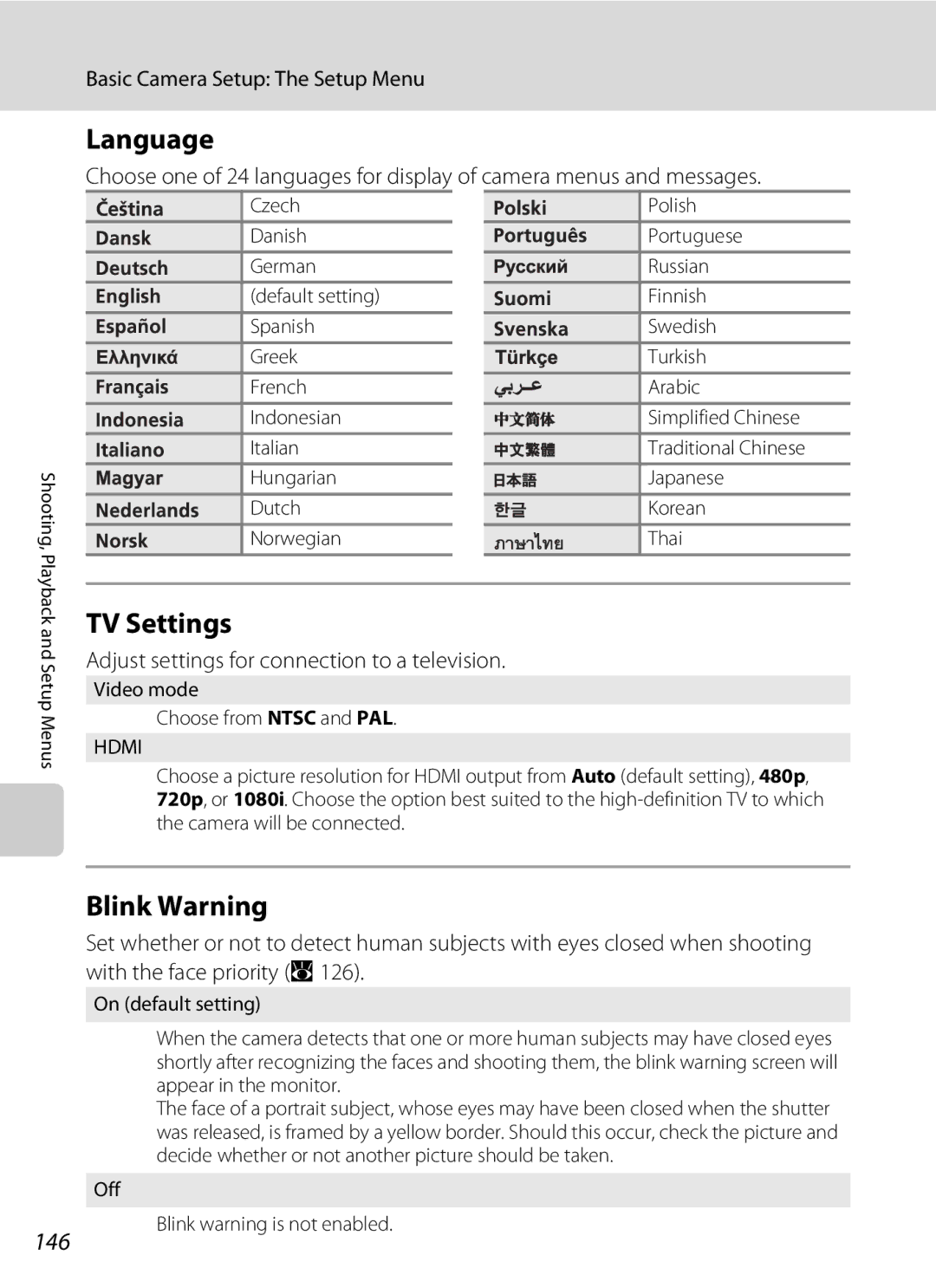 Nikon COOLPIXS60BK user manual Language, TV Settings, Blink Warning, 146, Adjust settings for connection to a television 