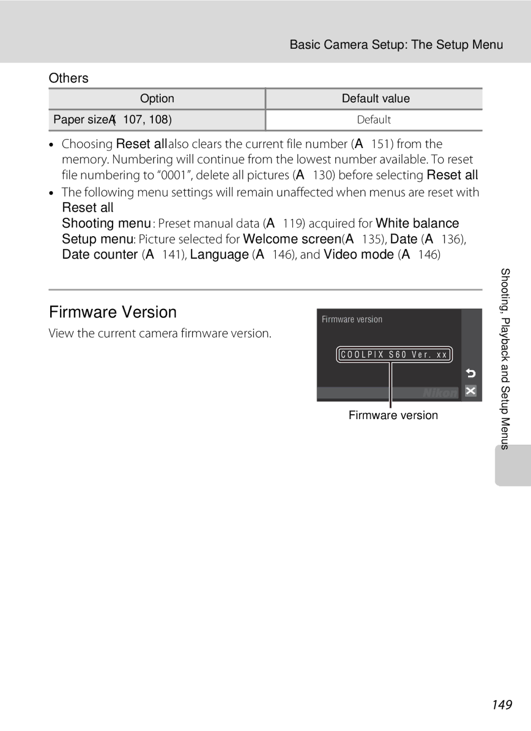 Nikon COOLPIXS60BK user manual 149, Others, View the current camera firmware version, Option Default value Paper size A107 