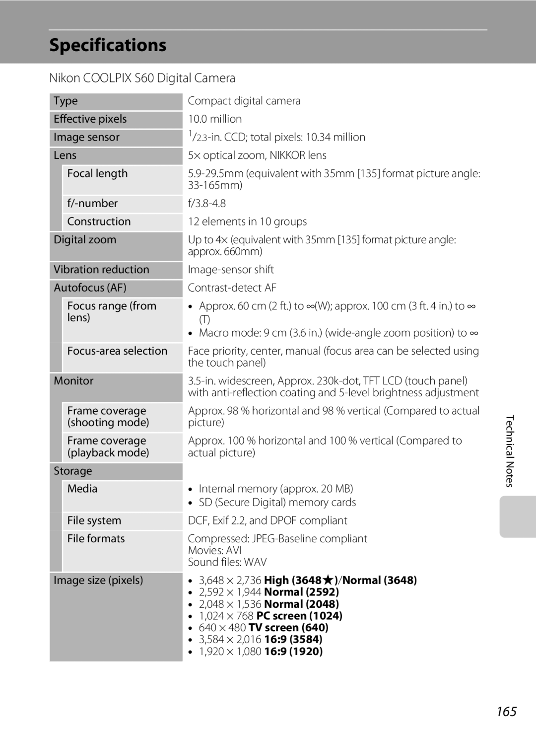 Nikon COOLPIXS60RED, COOLPIXS60PNK, COOLPIXS60BK user manual Specifications, 165, Nikon Coolpix S60 Digital Camera 