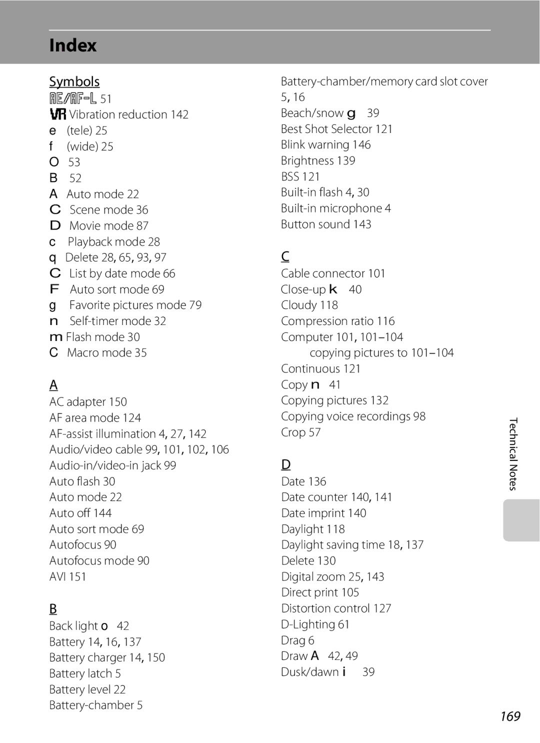 Nikon COOLPIXS60PNK, COOLPIXS60RED, COOLPIXS60BK user manual Index, Symbols, 169, Crop 