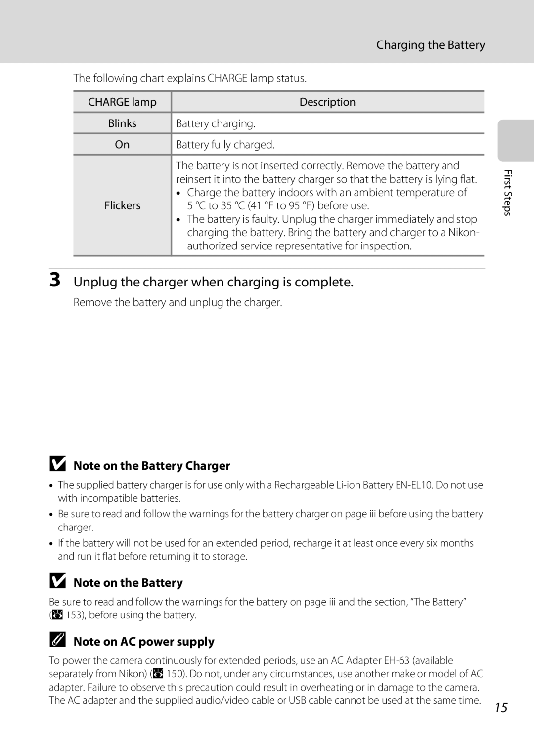 Nikon COOLPIXS60RED, COOLPIXS60PNK, COOLPIXS60BK Unplug the charger when charging is complete, Charging the Battery 