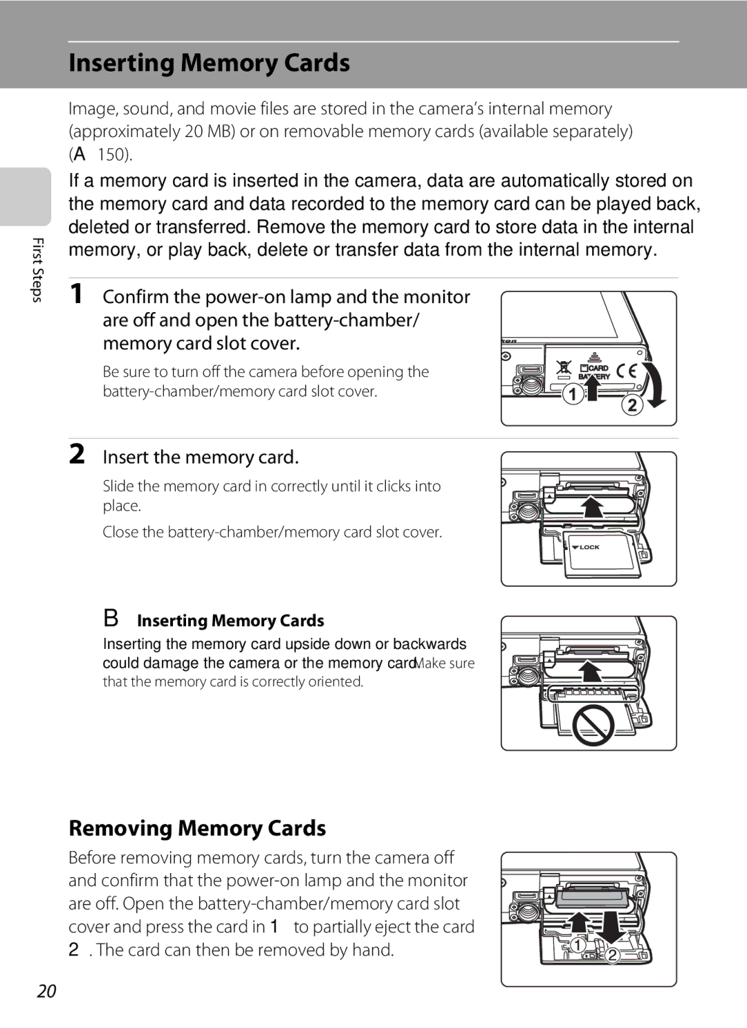 Nikon COOLPIXS60BK Inserting Memory Cards, Removing Memory Cards, Memory card slot cover, Insert the memory card 