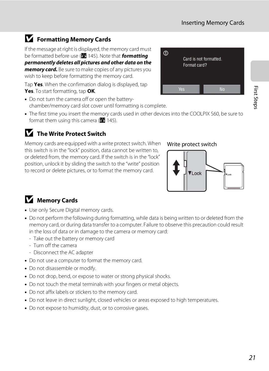 Nikon COOLPIXS60RED, COOLPIXS60PNK, COOLPIXS60BK Inserting Memory Cards, Formatting Memory Cards, Write Protect Switch 