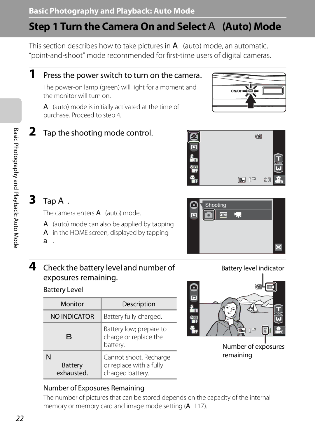 Nikon COOLPIXS60PNK Turn the Camera On and Select AAuto Mode, Tap the shooting mode control Tap a, Battery Level 