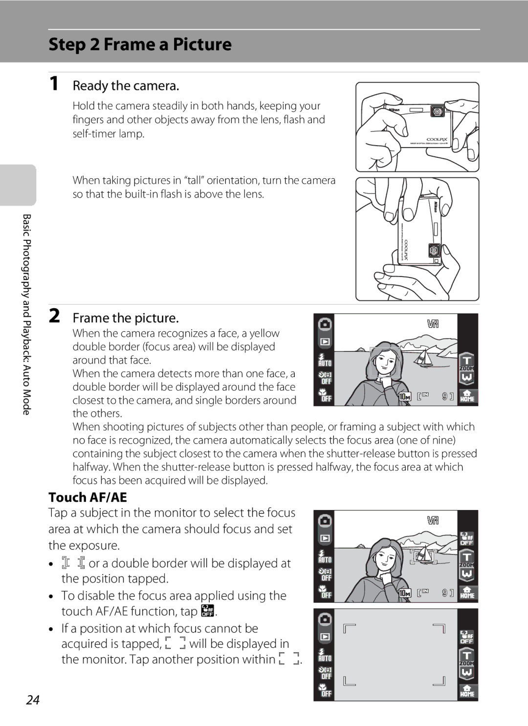 Nikon COOLPIXS60RED, COOLPIXS60PNK, COOLPIXS60BK Frame a Picture, Ready the camera, Frame the picture, Touch AF/AE 