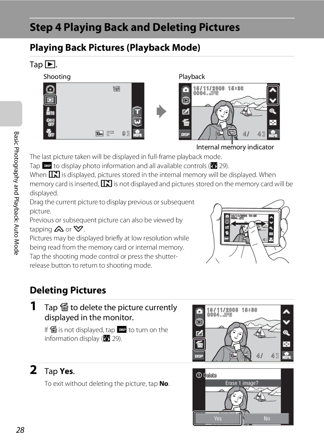 Nikon COOLPIXS60PNK, COOLPIXS60RED Playing Back and Deleting Pictures, Playing Back Pictures Playback Mode, Tap c, Tap Yes 