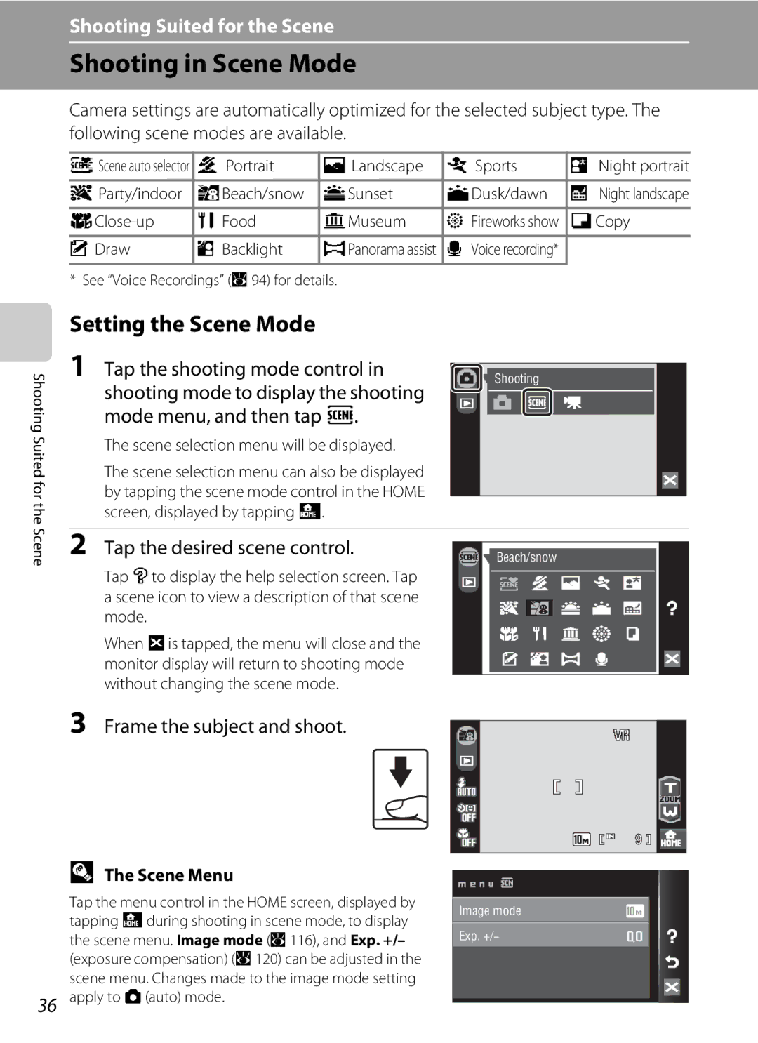 Nikon COOLPIXS60RED user manual Shooting in Scene Mode, Setting the Scene Mode, Tap the shooting mode control, Scene Menu 