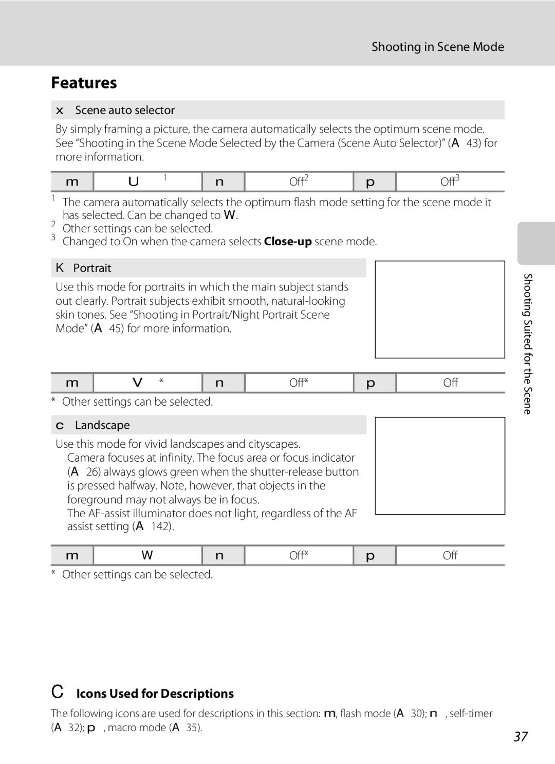 Nikon COOLPIXS60PNK, COOLPIXS60RED, COOLPIXS60BK user manual Features, Shooting in Scene Mode, Icons Used for Descriptions 