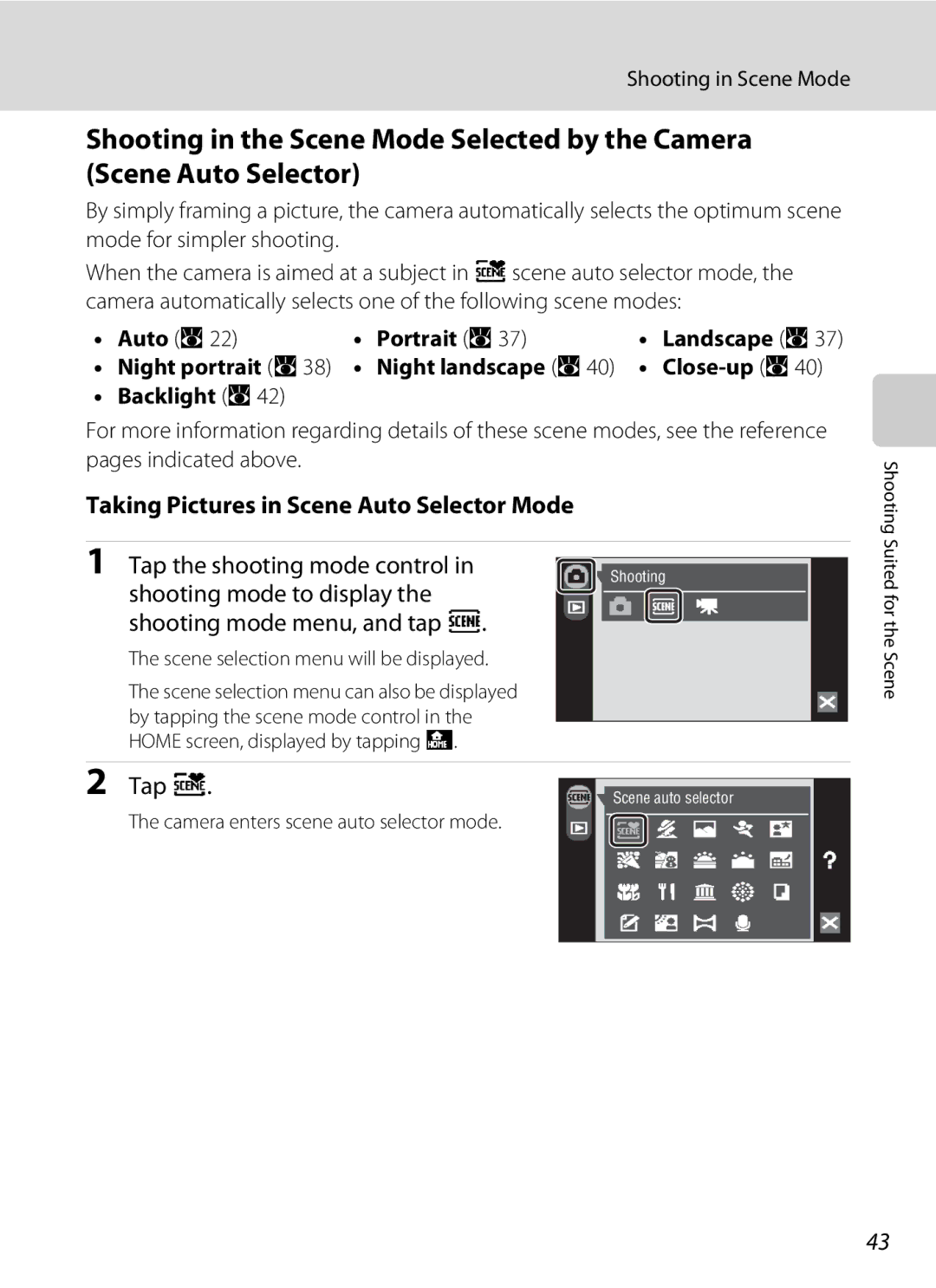 Nikon COOLPIXS60PNK Taking Pictures in Scene Auto Selector Mode, Shooting mode to display Shooting mode menu, and tap C 