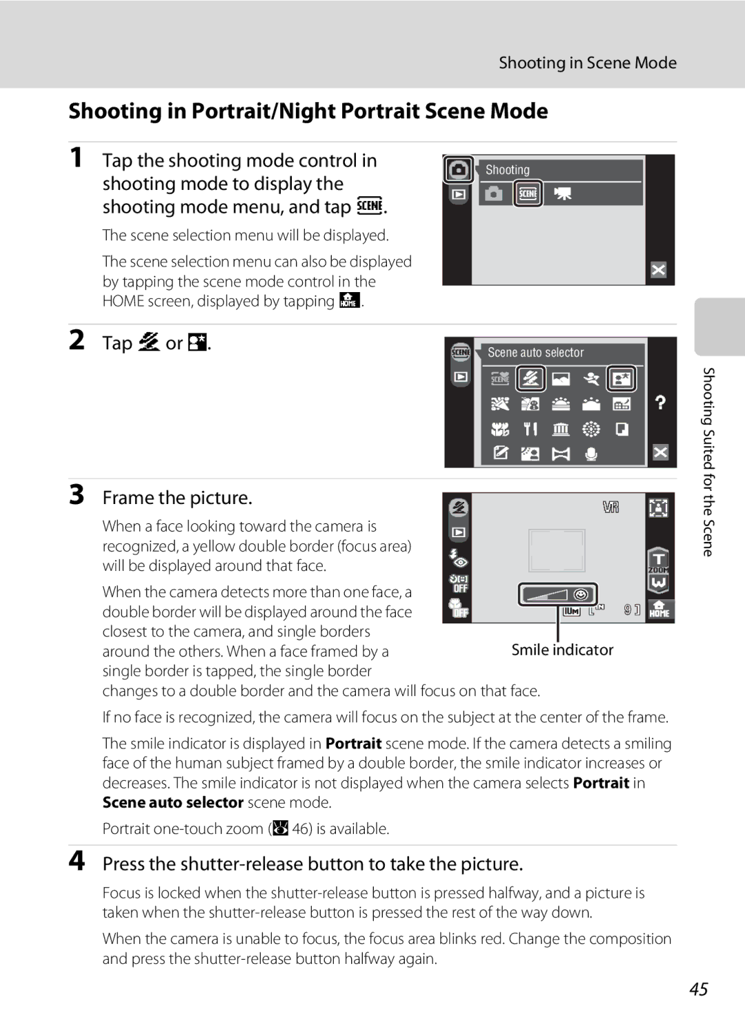 Nikon COOLPIXS60RED Shooting in Portrait/Night Portrait Scene Mode, Tap Kor e, Portrait one-touch zoom A46 is available 