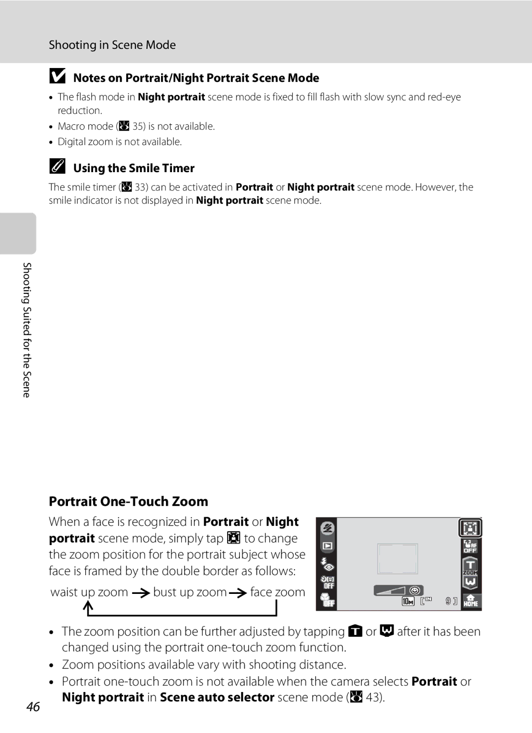 Nikon COOLPIXS60PNK Portrait One-Touch Zoom, Using the Smile Timer, Night portrait in Scene auto selector scene mode a 