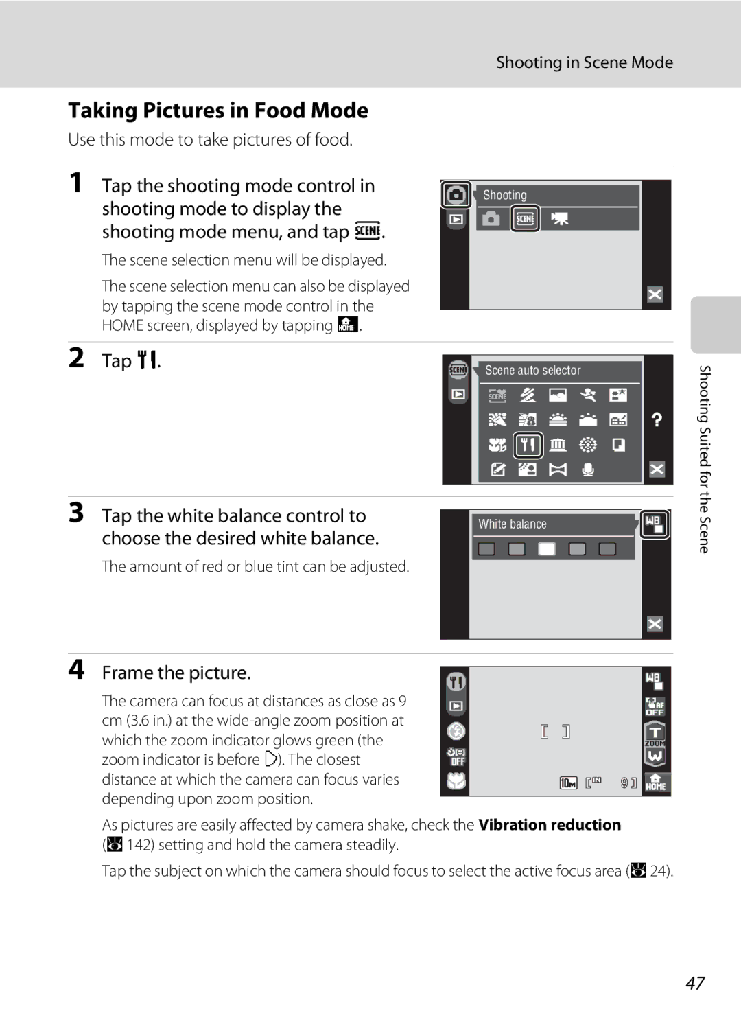 Nikon COOLPIXS60BK Taking Pictures in Food Mode, Tap u, Tap the white balance control to, Choose the desired white balance 