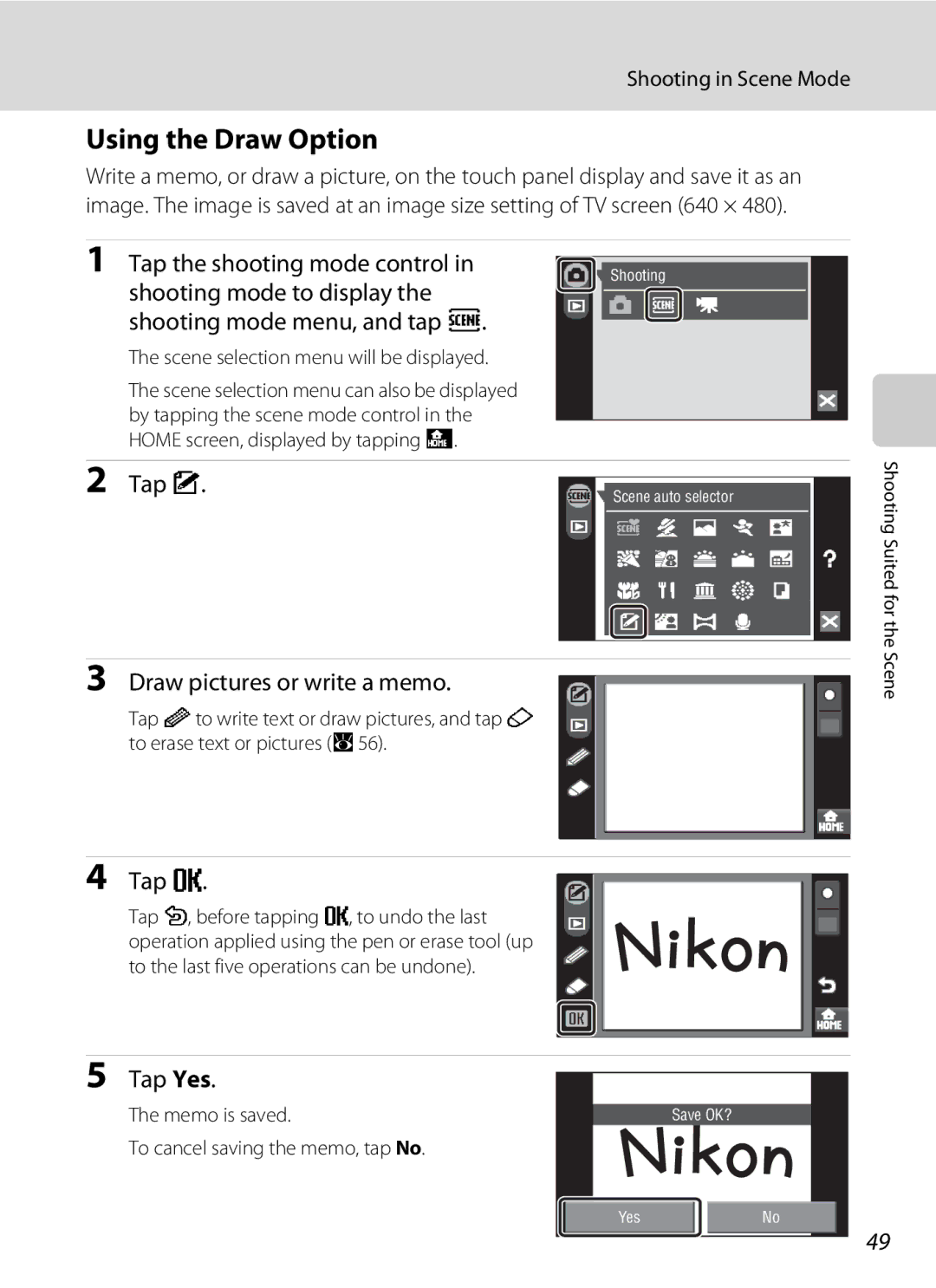 Nikon COOLPIXS60PNK, COOLPIXS60RED, COOLPIXS60BK user manual Using the Draw Option, Draw pictures or write a memo, Tap e 
