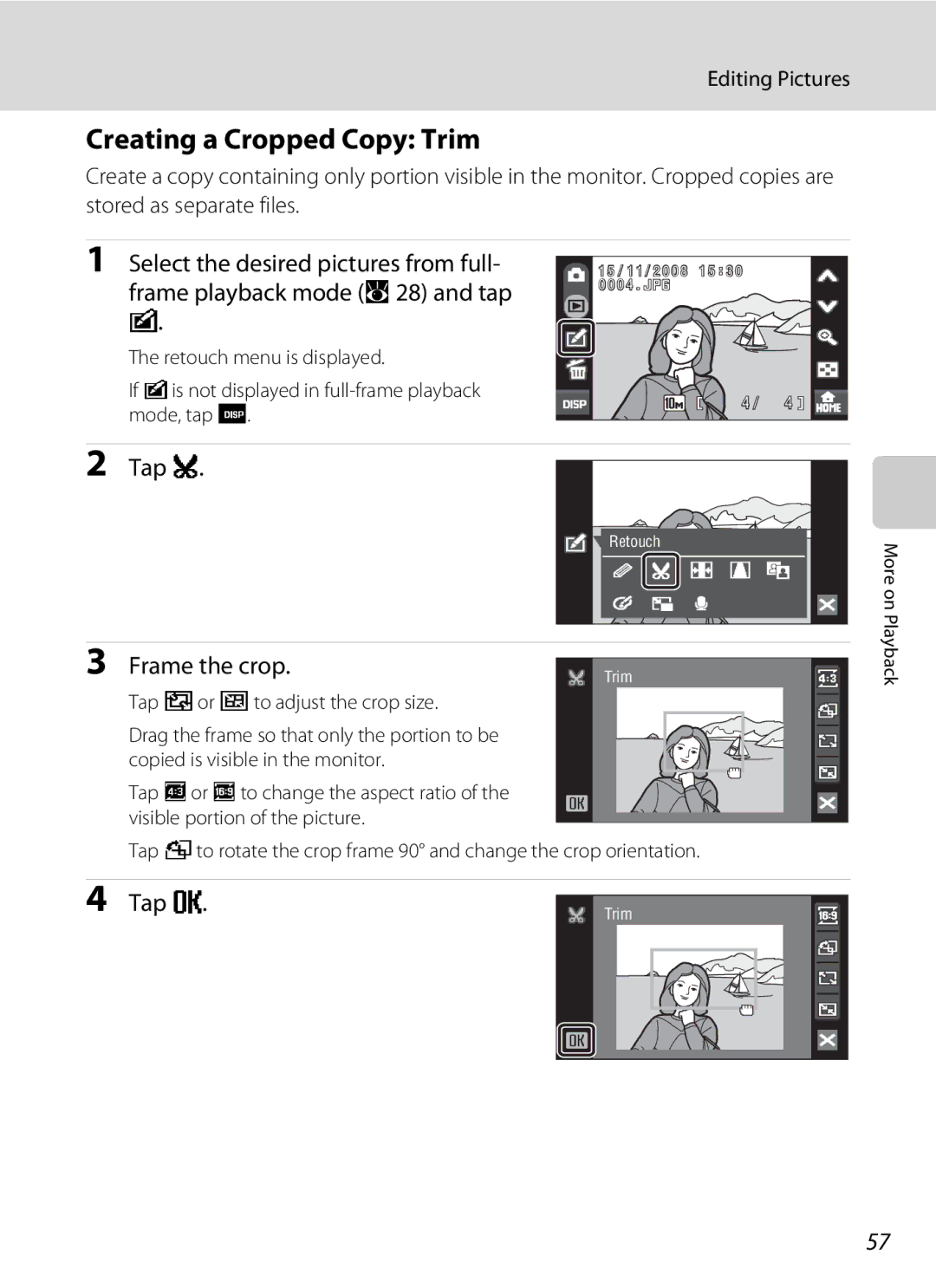 Nikon COOLPIXS60RED, COOLPIXS60PNK, COOLPIXS60BK user manual Creating a Cropped Copy Trim, Tap S, Frame the crop 