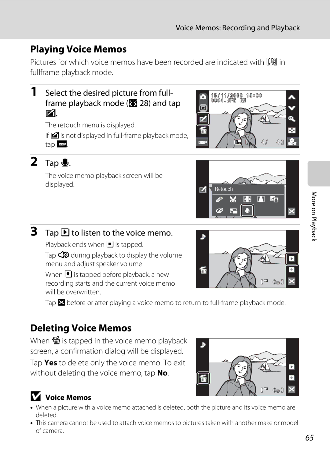 Nikon COOLPIXS60BK, COOLPIXS60RED user manual Playing Voice Memos, Deleting Voice Memos, Tap Pto listen to the voice memo 