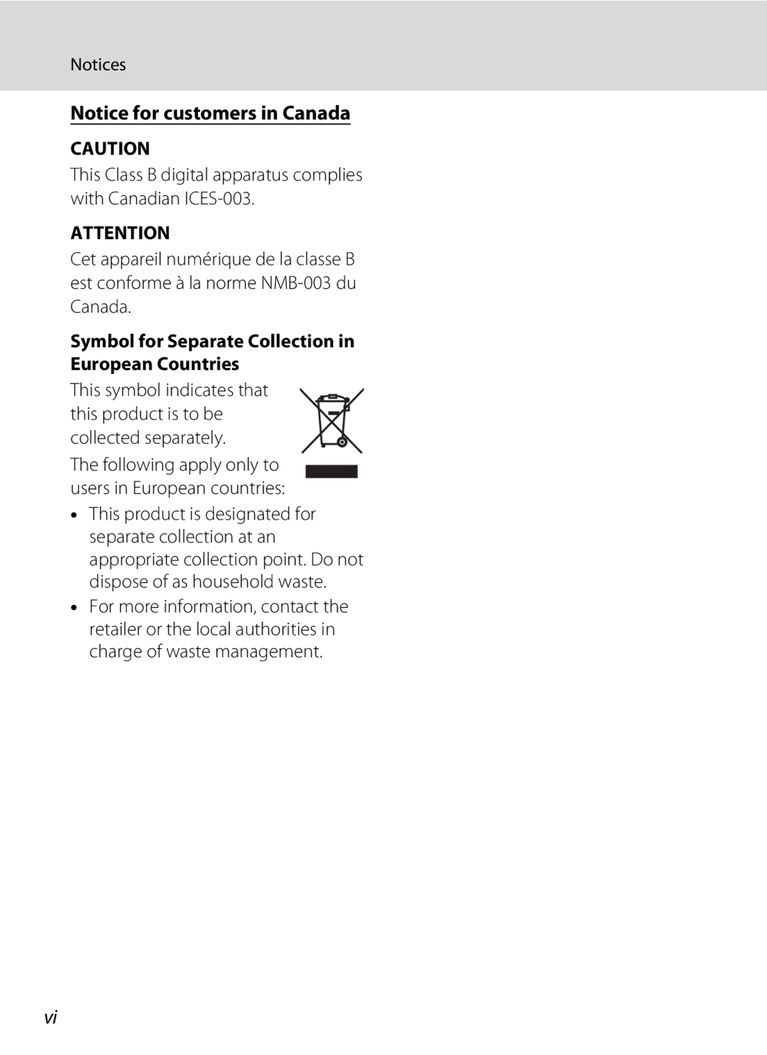 Nikon COOLPIXS60BK, COOLPIXS60RED, COOLPIXS60PNK user manual Symbol for Separate Collection in European Countries 