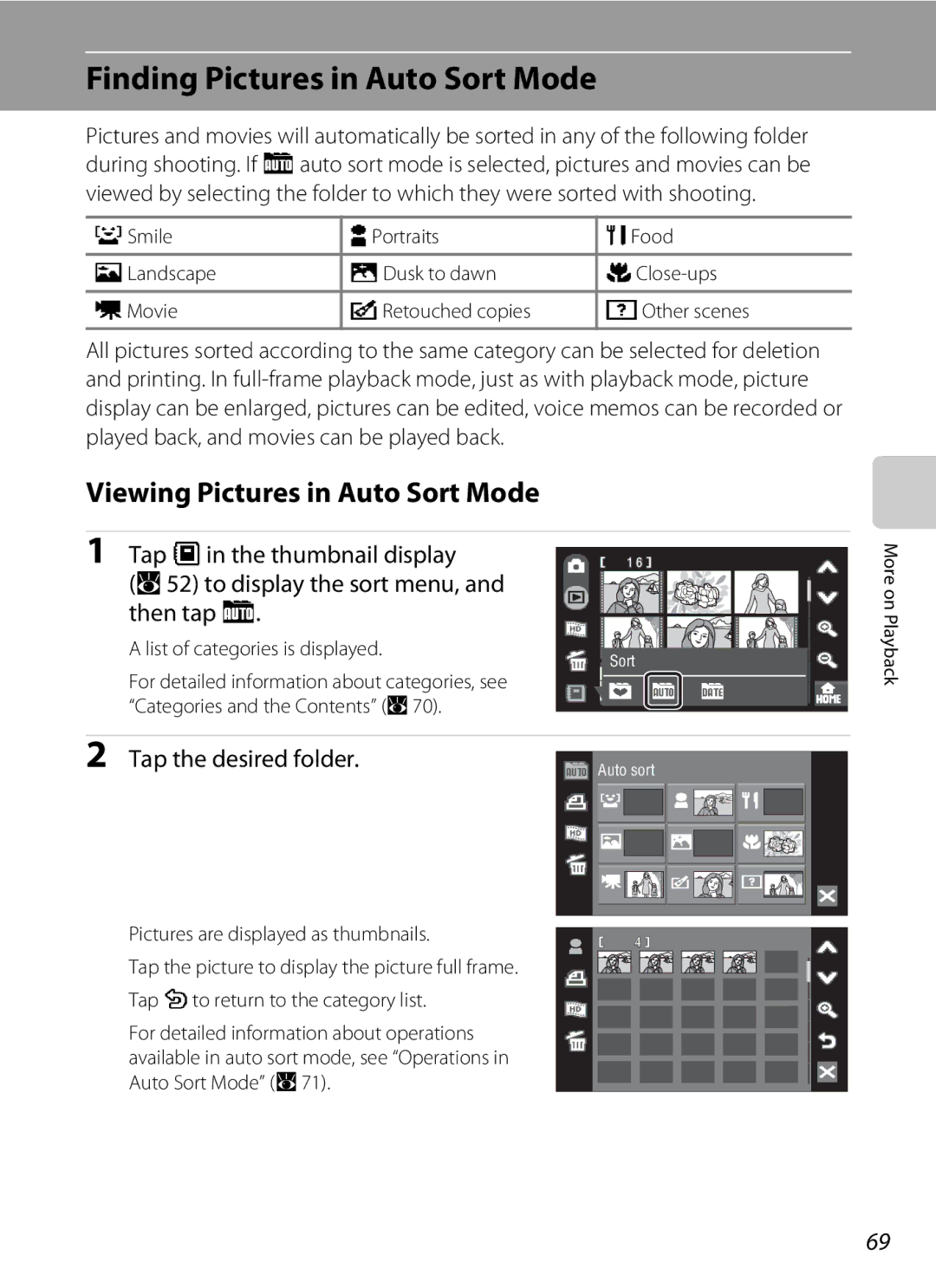 Nikon COOLPIXS60RED Finding Pictures in Auto Sort Mode, Viewing Pictures in Auto Sort Mode, Tap the desired folder 