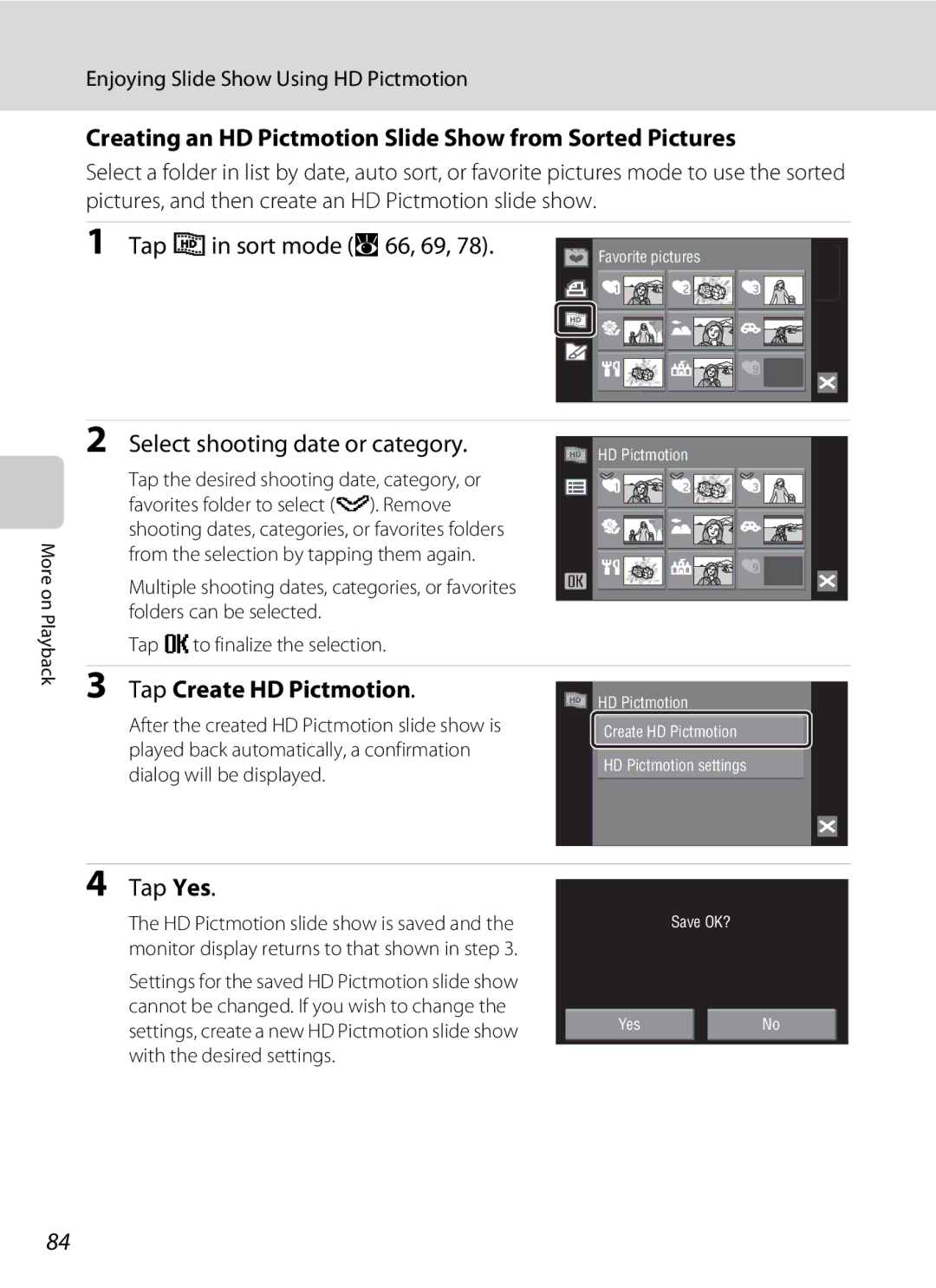 Nikon COOLPIXS60RED, COOLPIXS60PNK Creating an HD Pictmotion Slide Show from Sorted Pictures, Tap lin sort mode A66, 69 