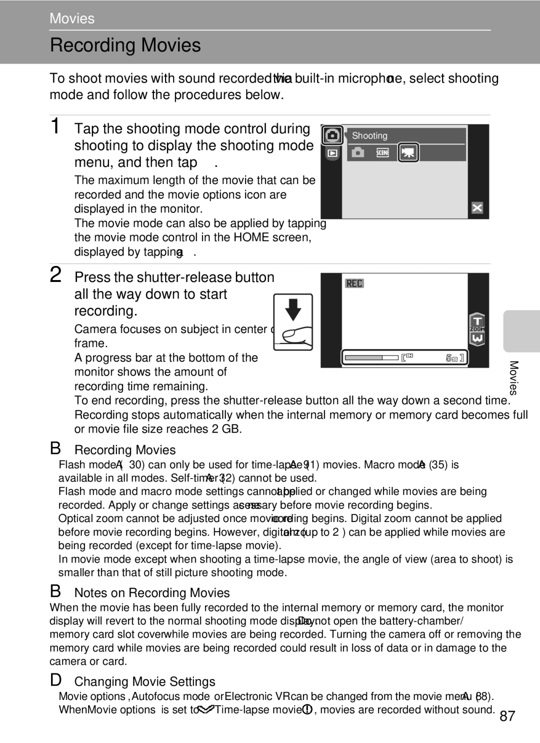 Nikon COOLPIXS60RED Recording Movies, Shooting to display the shooting mode menu, and then tap D, Changing Movie Settings 