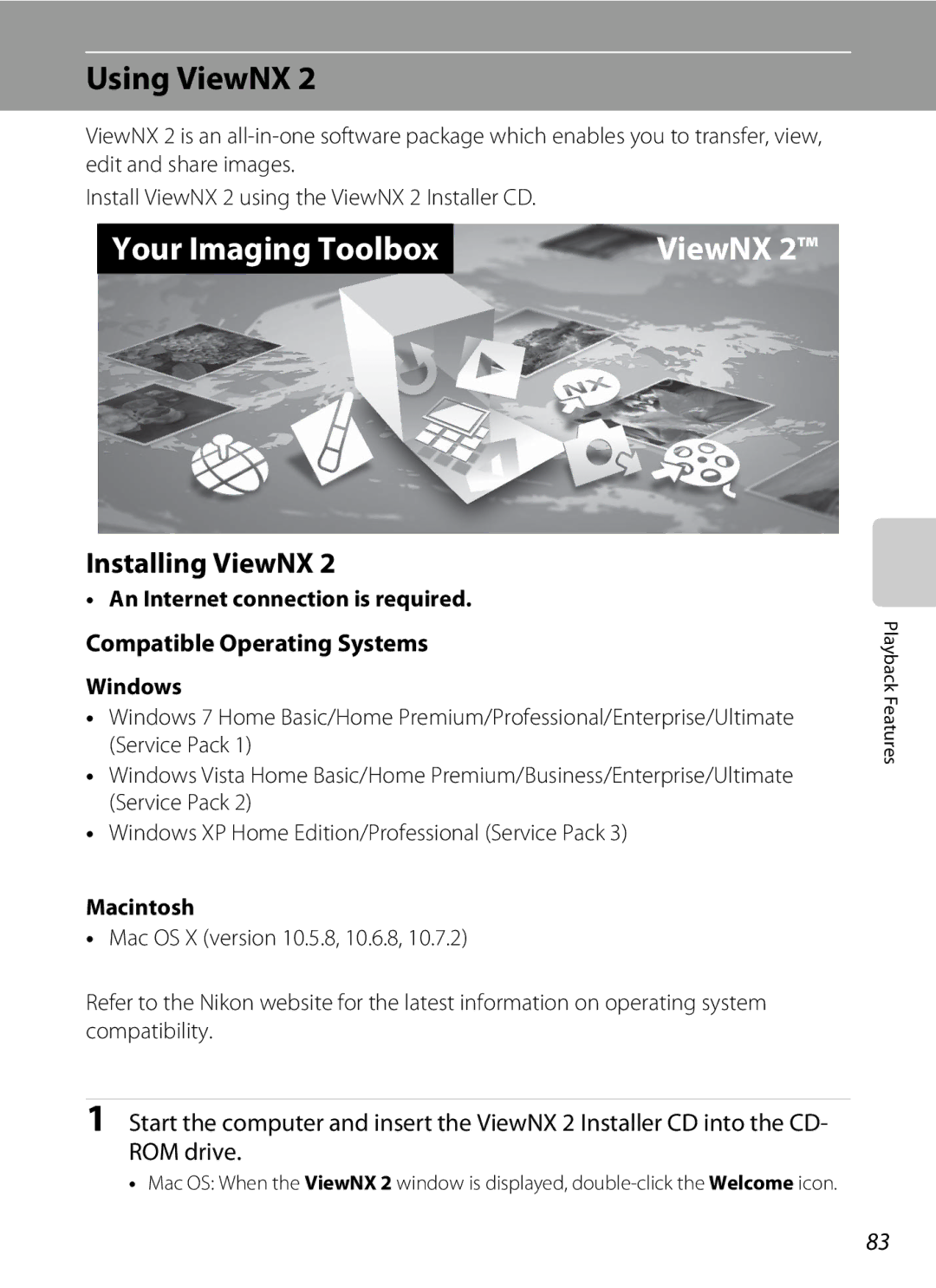 Nikon COOLPIXS9300SIL, S9200, COOLPIXS9300BLK manual Using ViewNX, Installing ViewNX, Compatible Operating Systems 