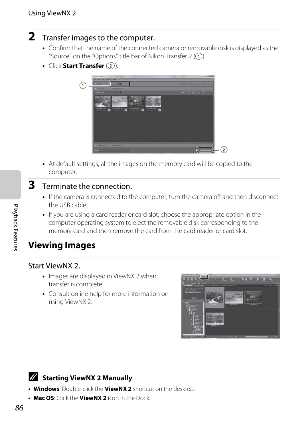 Nikon COOLPIXS9300SIL, S9200 manual Viewing Images, Transfer images to the computer, Terminate the connection, Start ViewNX 