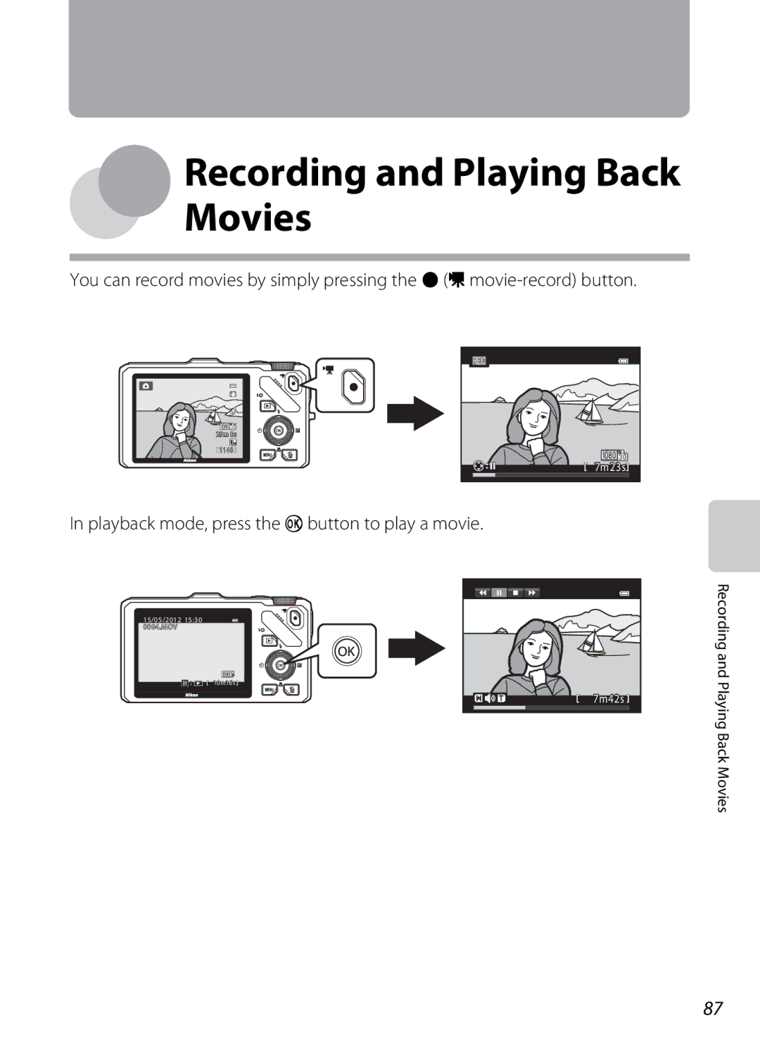 Nikon COOLPIXS9300SIL, S9200 manual Playback mode, press the k button to play a movie, Recording and Playing Back Movies 