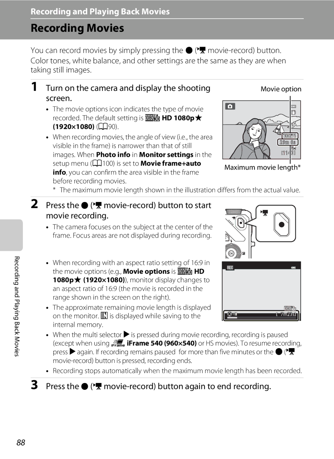 Nikon S9200, COOLPIXS9300SIL manual Recording Movies, Turn on the camera and display the shooting screen, 1920×1080 A90 